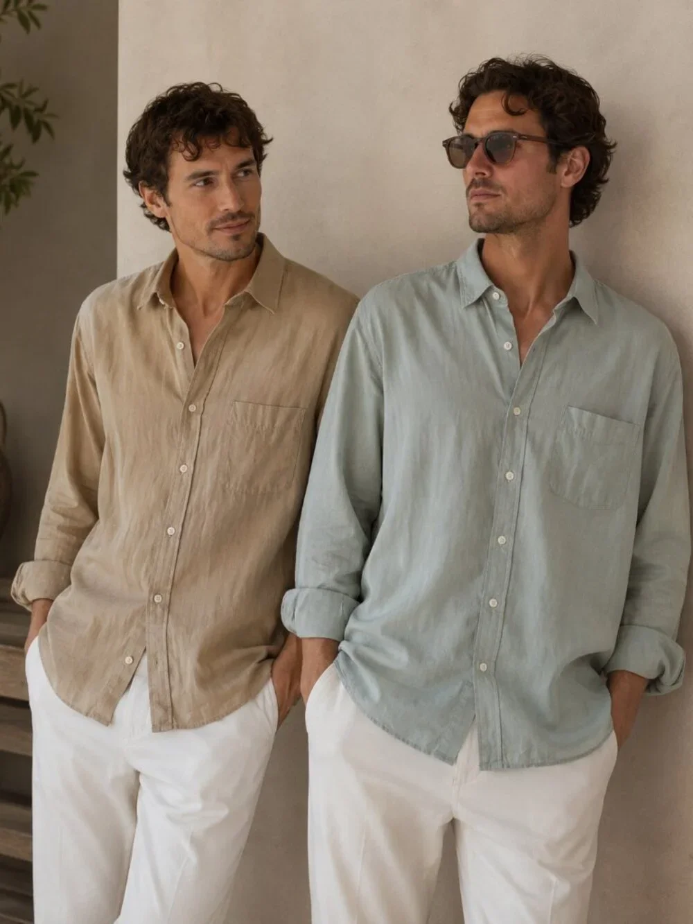 2 Mens XL 100% Linen Shirts Banana Republic & Structure Khaki Sage Green